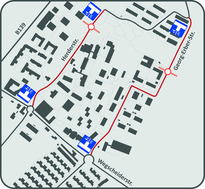 Kartenansicht von den Sperren im Bereich Herderstraße und Georg-Erber-Straße (ausgenommen Versorger, Stadtservice, Einsatzfahrzeuge, ÖPNV).